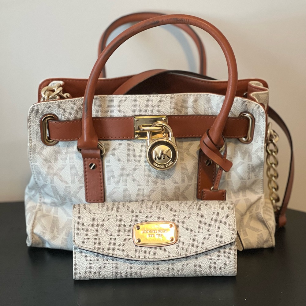 Michael Kors Medium Hamilton Monogram Handbag with Vanilla Jet Set Flap Wallet